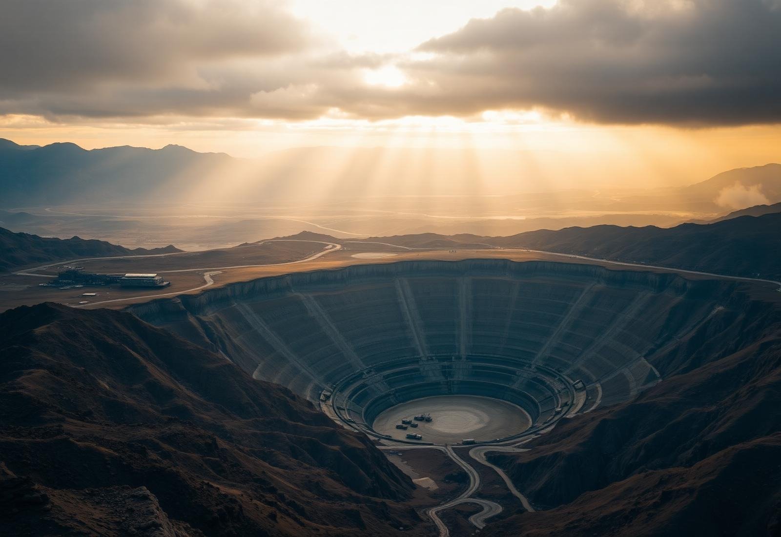 Open-pit mining operation at dawn seen from the surrounding ridgeline